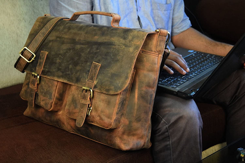 18 Inch Retro Buffalo Hunter Leather Laptop Messenger Bag Office Briefcase College Bag Leather Bag for Men and Women (18 inch) - Image 2