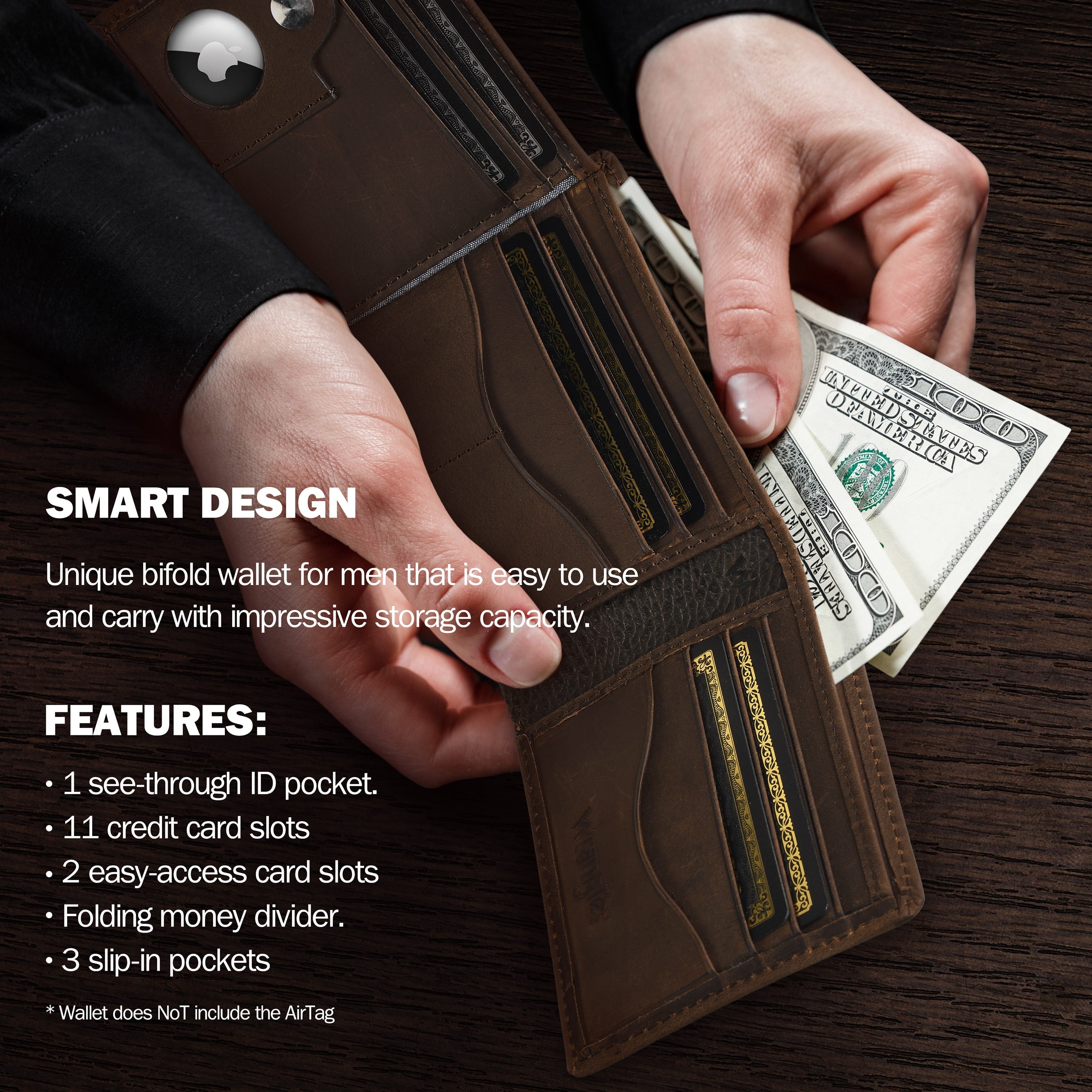 Men’s Bifold Wallet Genuine Leather, RFID Blocking, Casual Everyday 10-20 Cards Purse with AirTag Holder, Gift for Him - Image 5