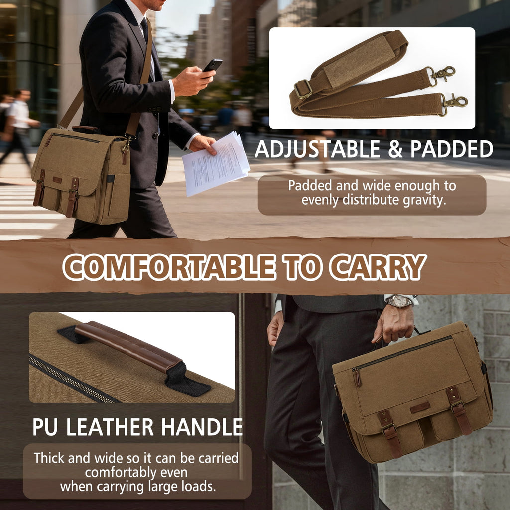 for Men 15.6inch Laptop Water-resistant Canvas Computer Satchel Briefcase for Work College,Brown - Image 4
