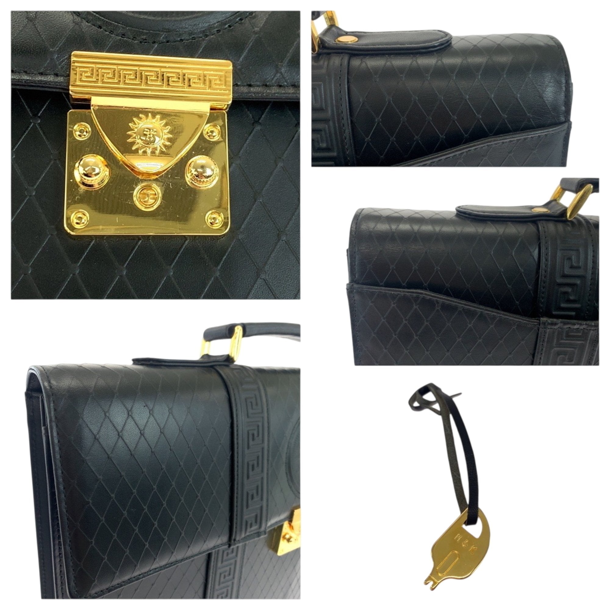 Pre-Owned Gianni Versace Vintage Sunburst Black Leather Business Briefcase with Gold Hardware... - Image 5