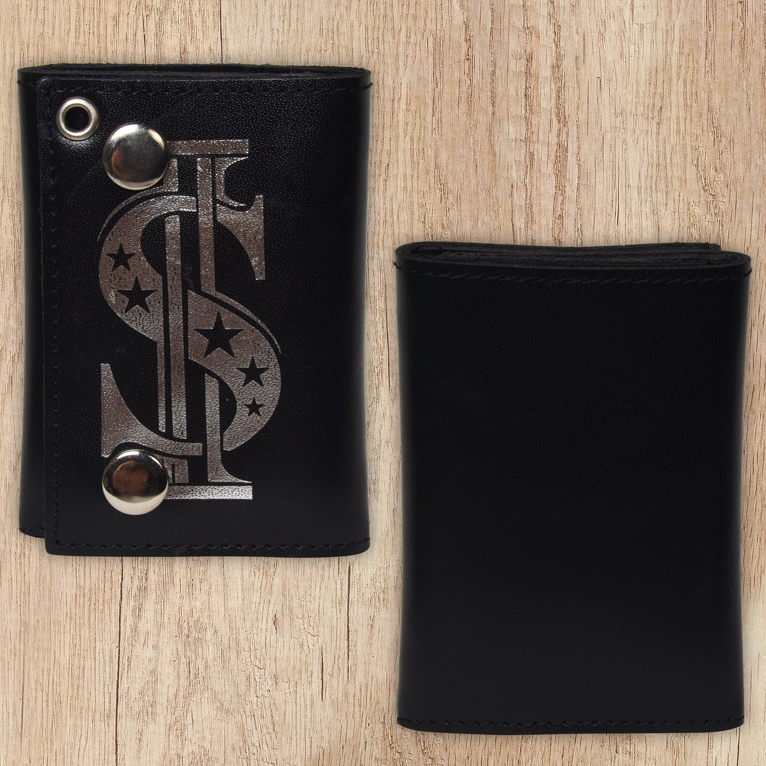 Genuine Leather Men Dollar Trifold Wallet Chain Biker, Black - Image 6