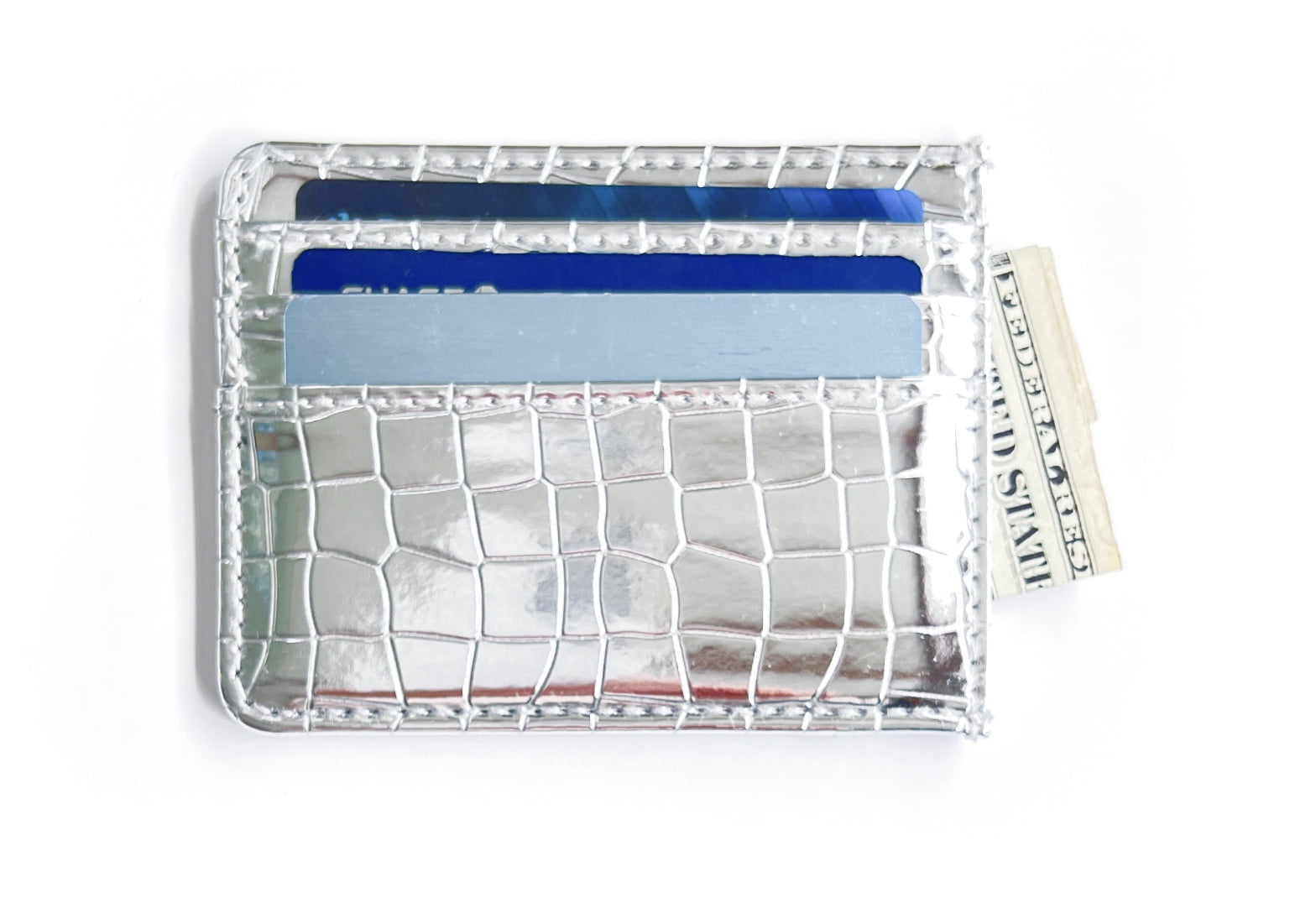 credit card holder slim design wallet in silver metallic faux leather crocodile pattern - Image 4