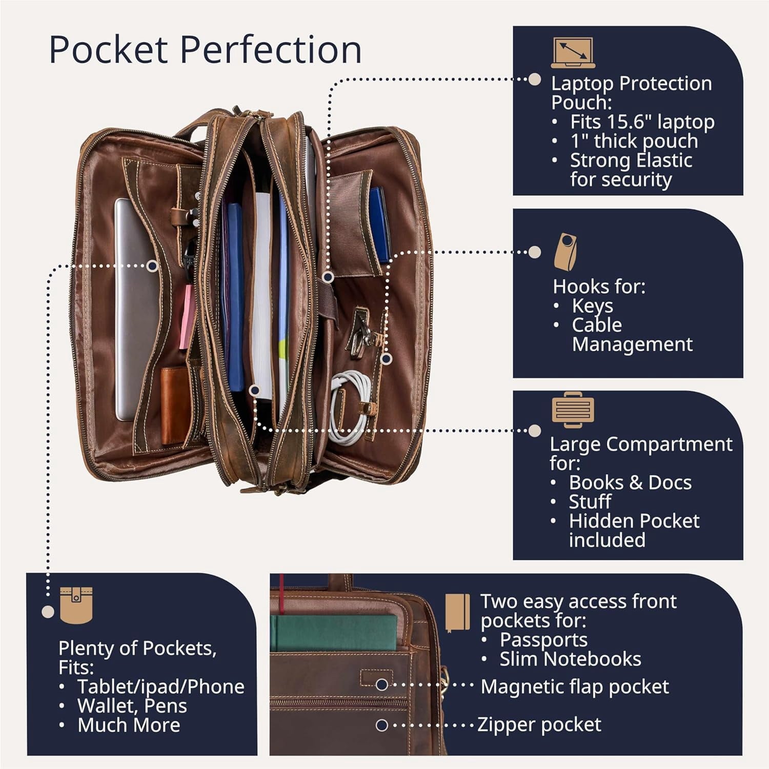 Briefcase for Men, Handcrafted, Fits 15.6" Laptop - Dark Brown - Image 4