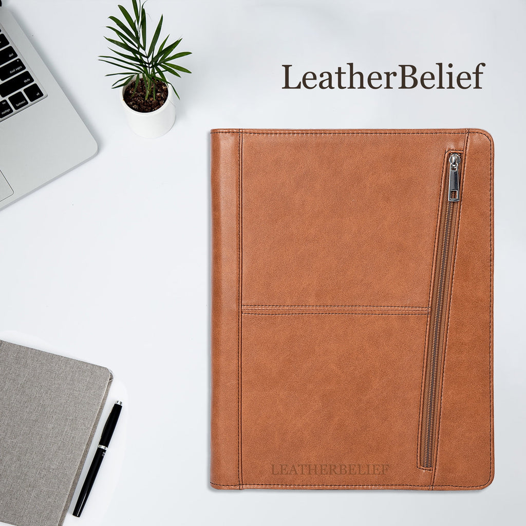 AZXCG Portfolio Business Folder Padfolio, Folder with Letter Size (A4) Paper Notepad Writing Pad,Zippered Travel Organizer, Vegan Leather Bu