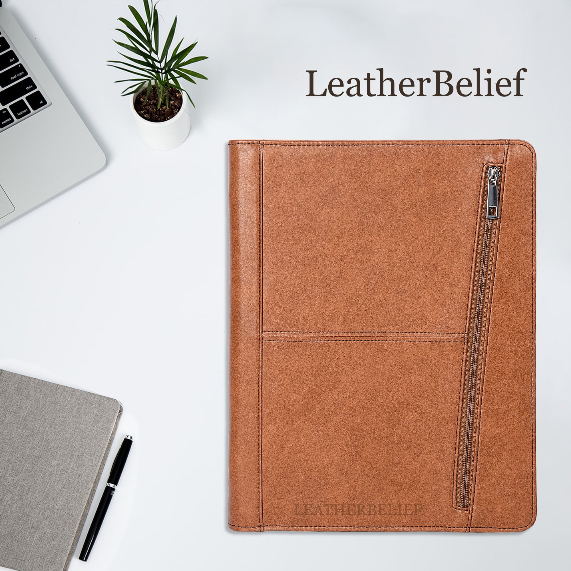 AZXCG Portfolio Business Folder Padfolio, Folder with Letter Size (A4) Paper Notepad Writing Pad,Zippered Travel Organizer, Vegan Leather Bu