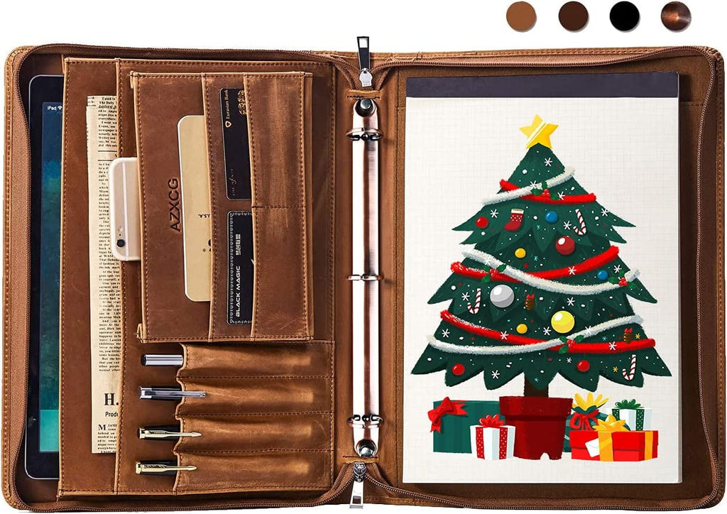 AZXCG Top Grain Portfolio Binder,Resume Zippered Padfolio,Professional Business Organizer,Men's Leather Folder with Letter/A4 Size Notepad,