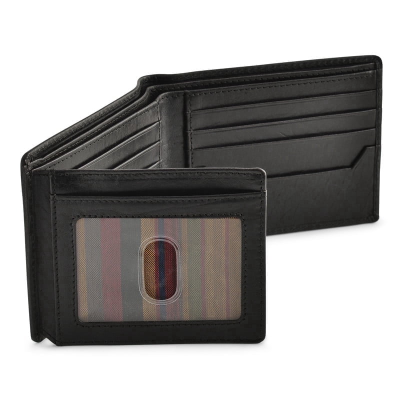 Black Leather Wallet for Men with RFID Blocking - Bifold High Capacity with Side Flip 2 ID Windows and 10 Credit Cards Slots