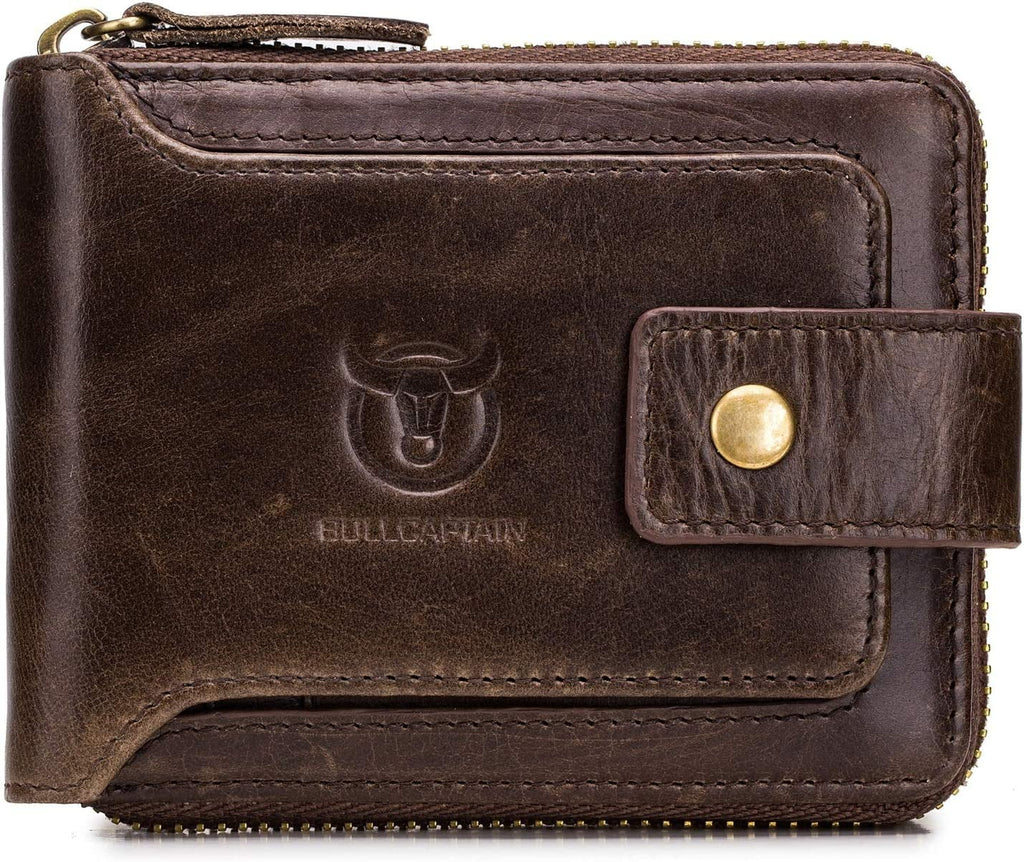 BULLCAPTAIN Men Zipper Around Wallet Genuine Leather RFID Blocking Bifold Large Capacity Coin Purse with ID Window (Black)