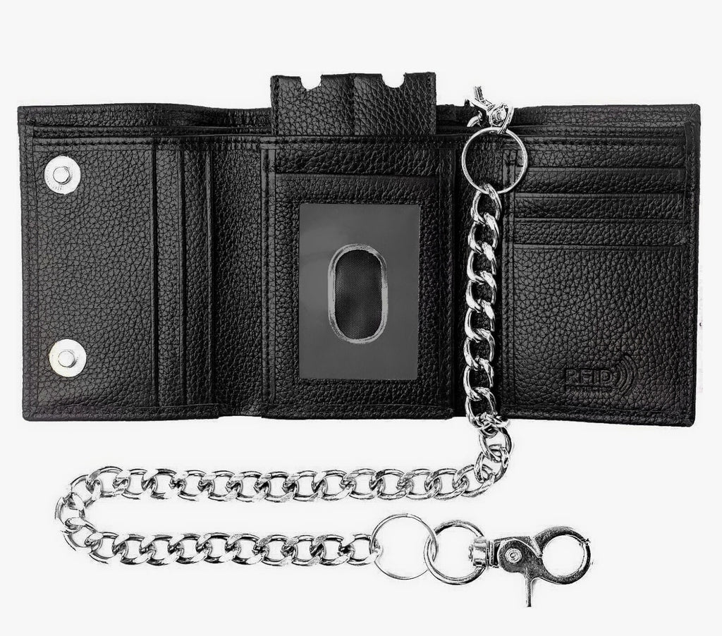 Black Real Leather Wallet Classic Wallet Chains RFID Wallet for Men with Card Slots & Key Holder