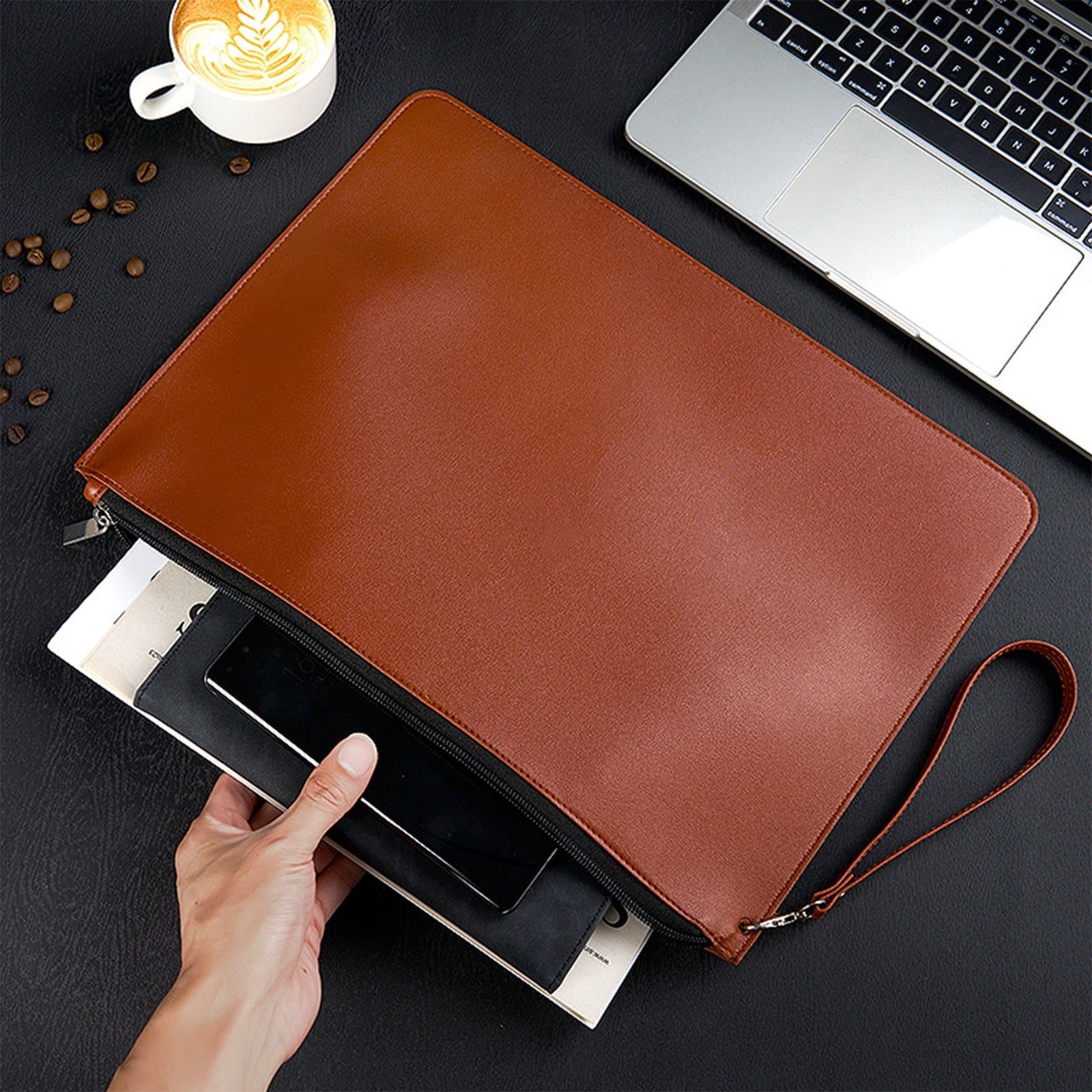 Leather Portfolio Folder Zippered Document Case, Professional Business Padfolio Organizer with Card Slot, Executive C...