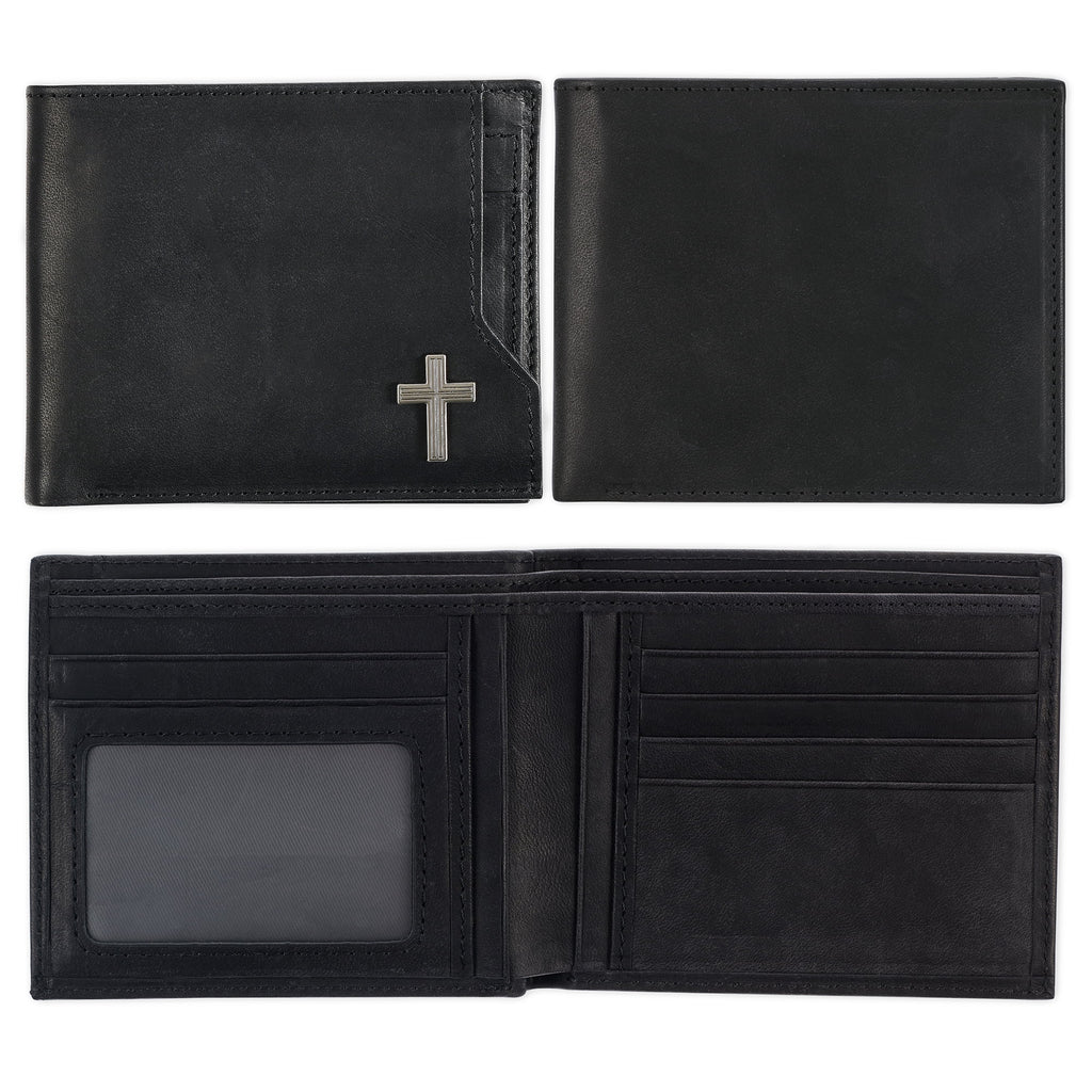 Genuine Premium Full Grain Leather RFID Blocking Silver Engraved Cross Wallet for Men: Multi Pocket Billfold w/Removable ID Window Accessory