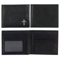 Genuine Premium Full Grain Leather RFID Blocking Silver Engraved Cross Wallet for Men: Multi Pocket Billfold w/Removable ID Window Accessory