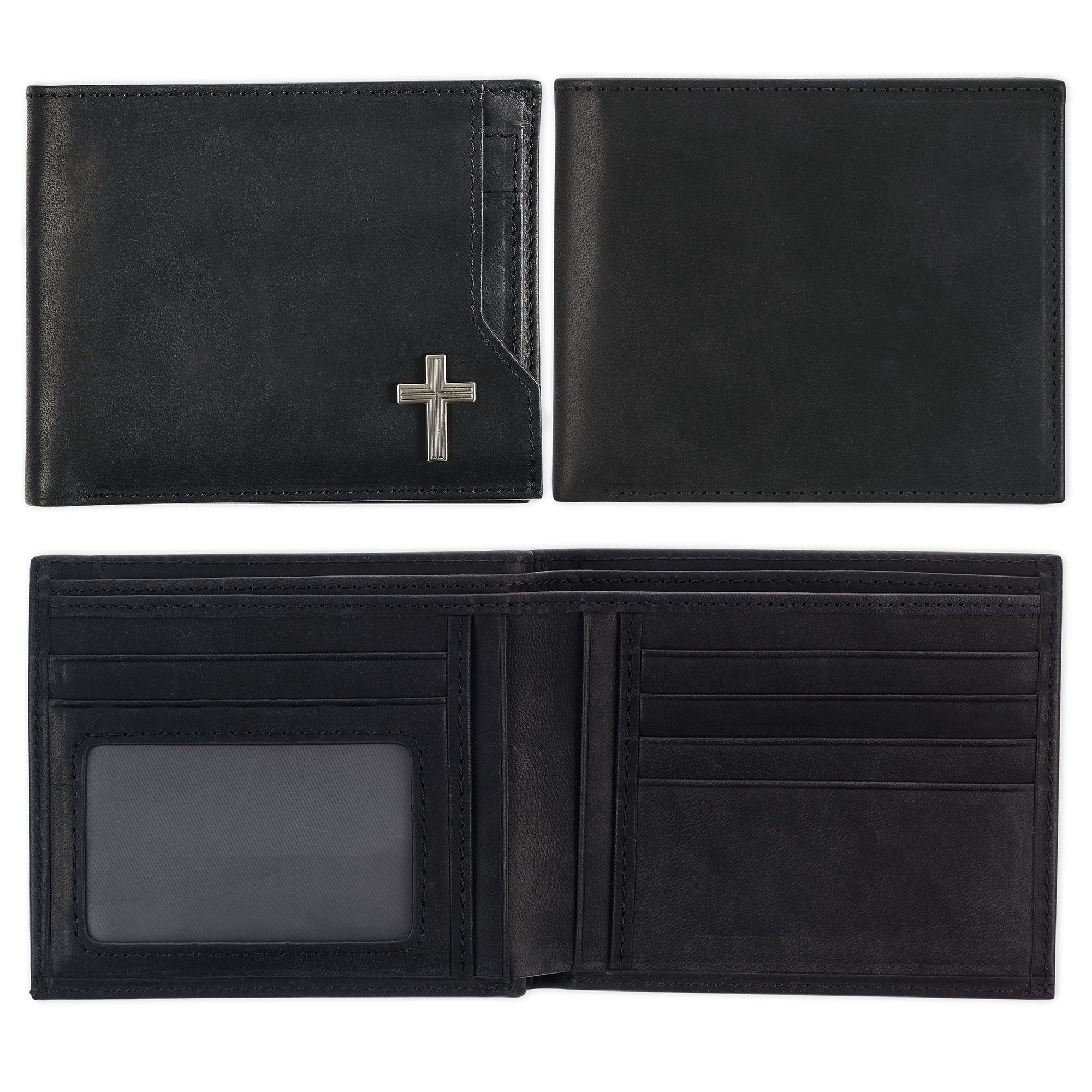 Genuine Premium Full Grain Leather RFID Blocking Silver Engraved Cross Wallet for Men: Multi Pocket Billfold w/Removable ID Window Accessory