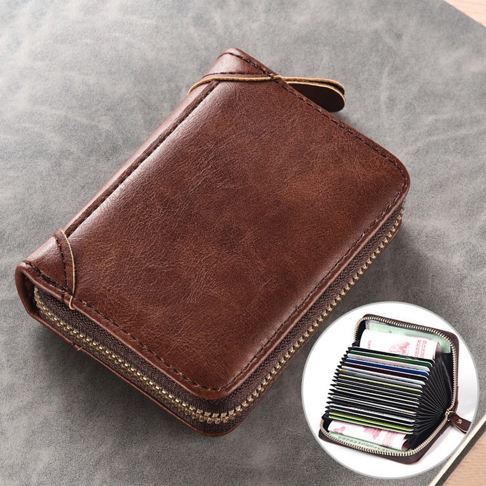 Compact Small Leather Zip Around Wallet, Minimalist Credit Card Holder with Zipper, Slim Portable Pocket Purse for Ca...