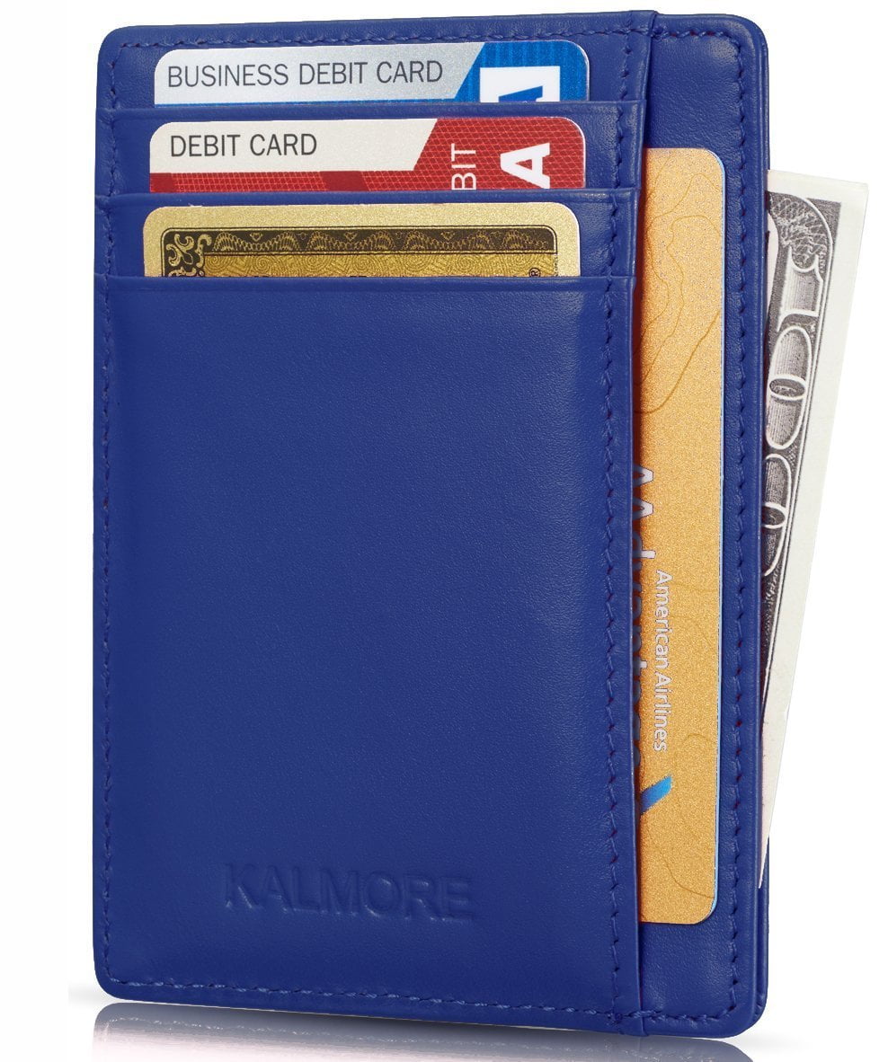 Credit Card Holder with ID Window RFID Protected Genuine Leather Slim Wallet (Blue)