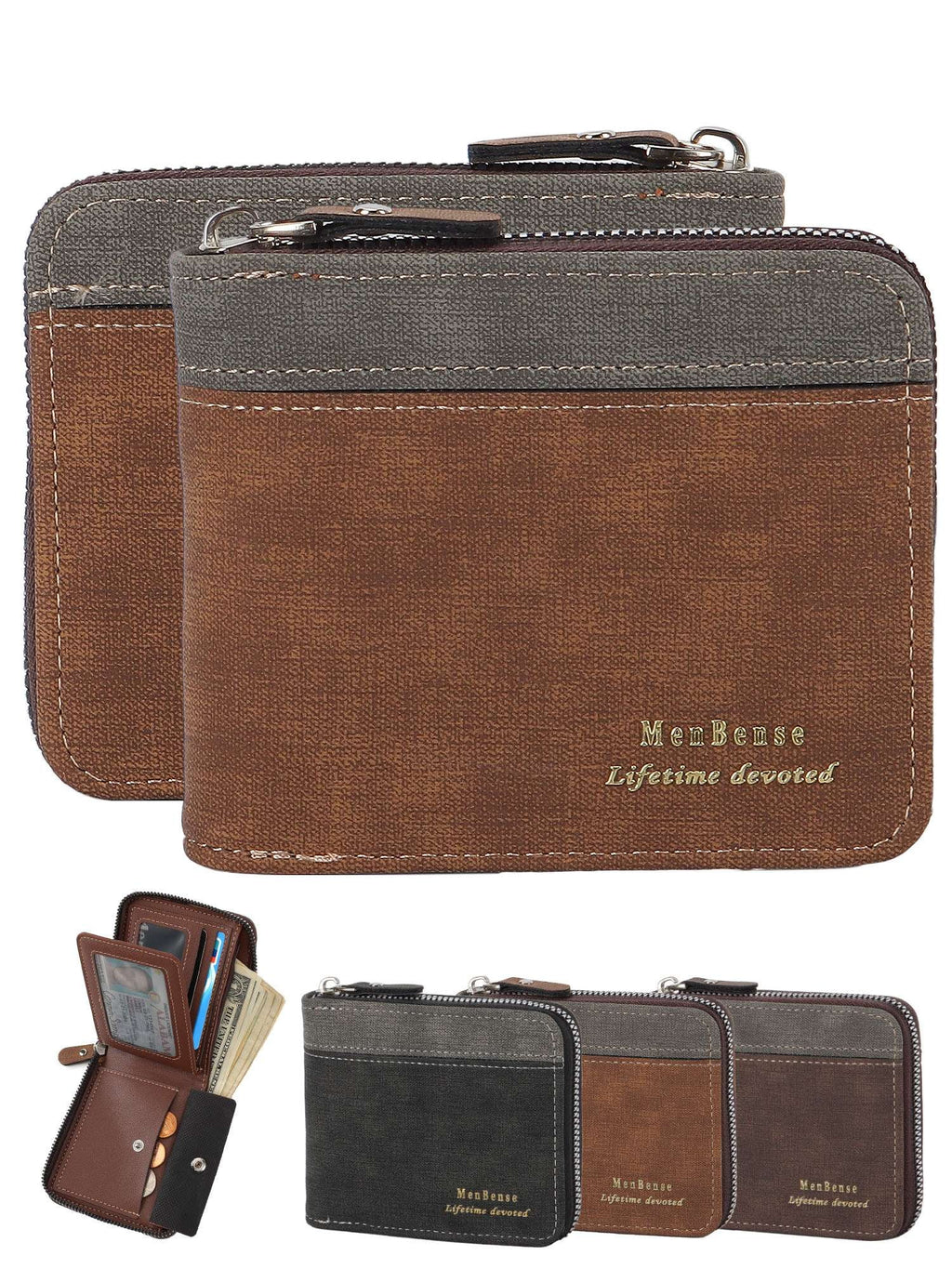 Leather Wallet for Men Large Capacity Bifold Wallet with ID Window 6 Card Holders Zip Coin Pocket (Black)
