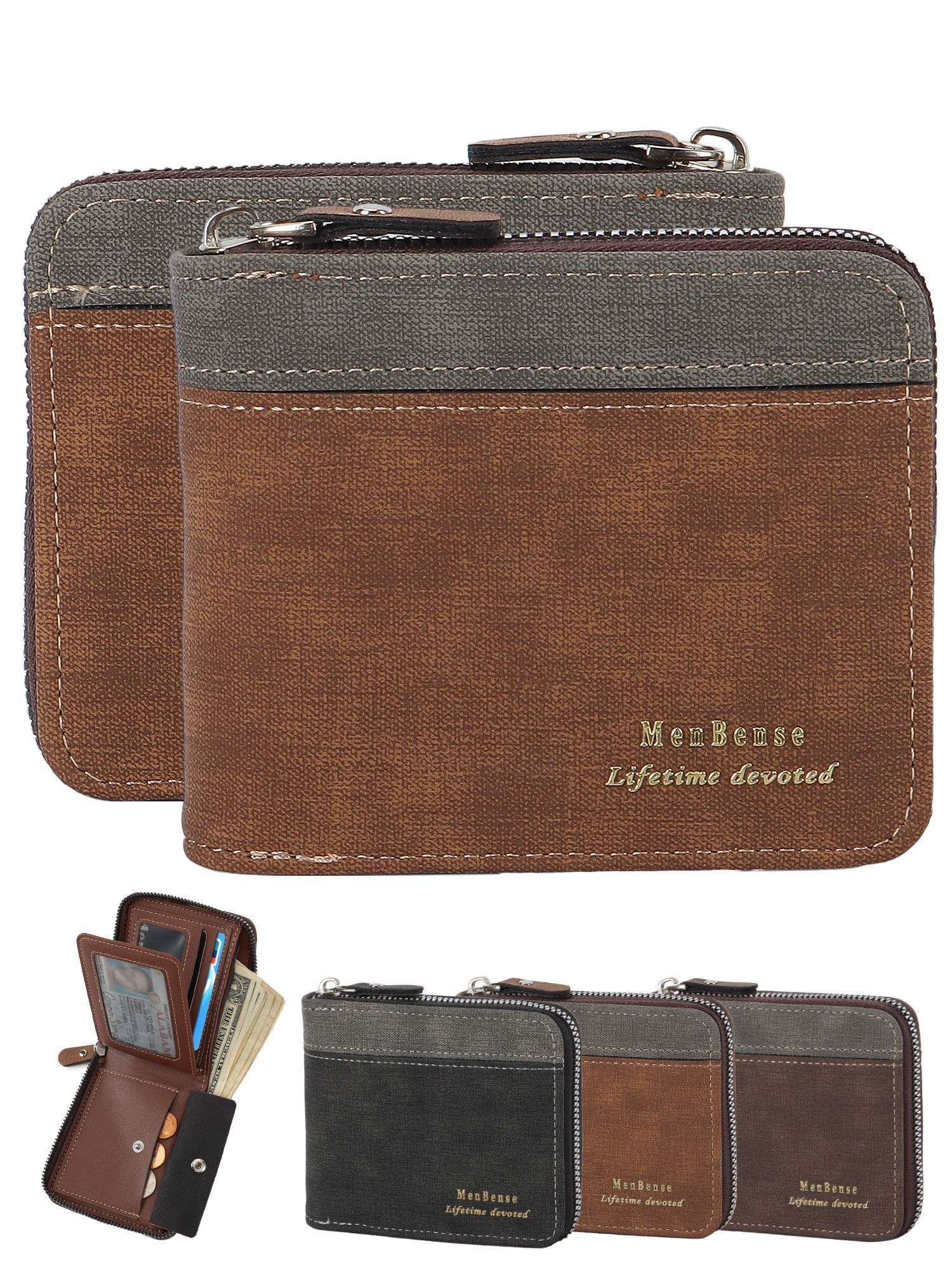 Leather Wallet for Men Large Capacity Bifold Wallet with ID Window 6 Card Holders Zip Coin Pocket (Black)