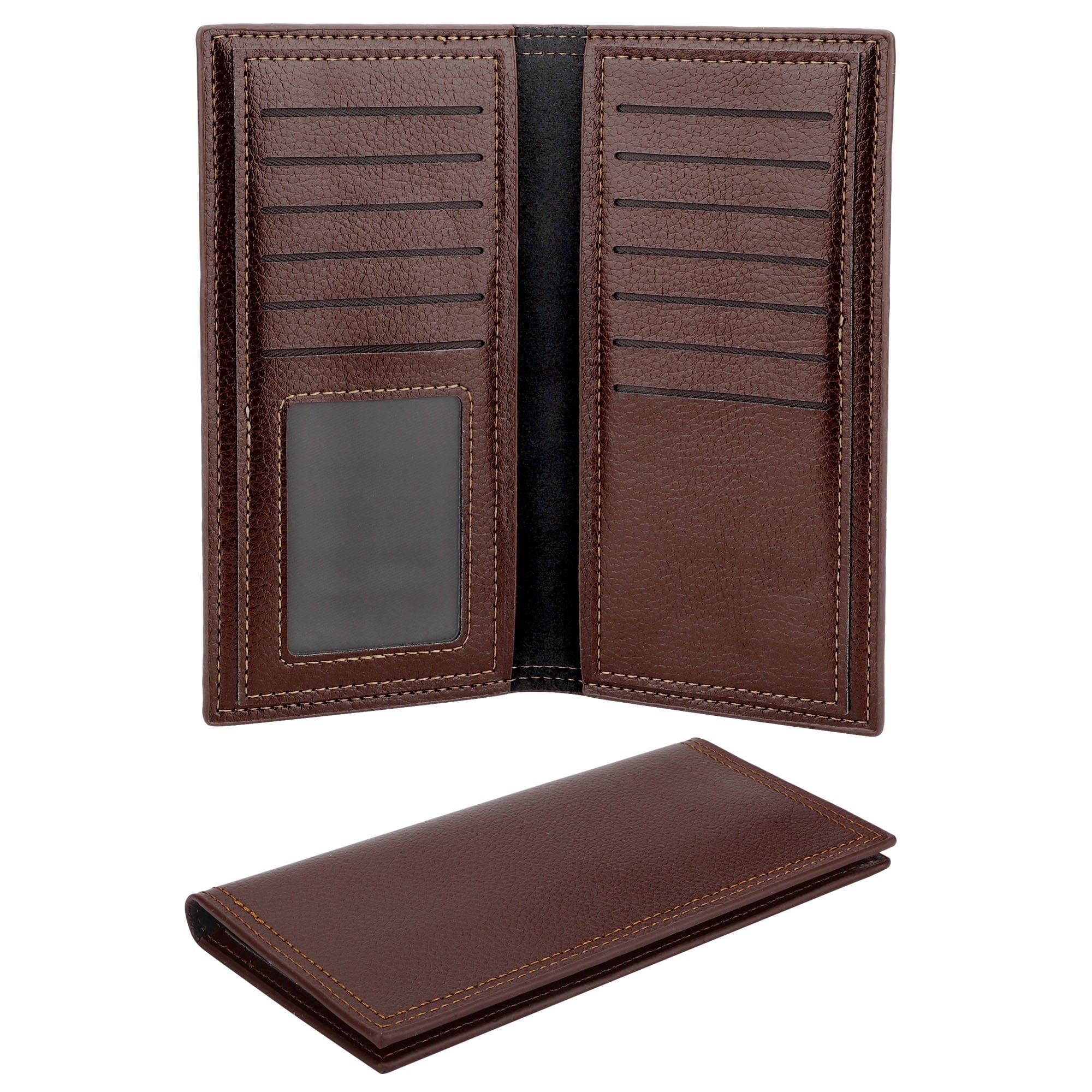 Long Bifold Wallet for Men, Slim PU Leather Purse, RFID Blocking Credit Card Holder, Brown