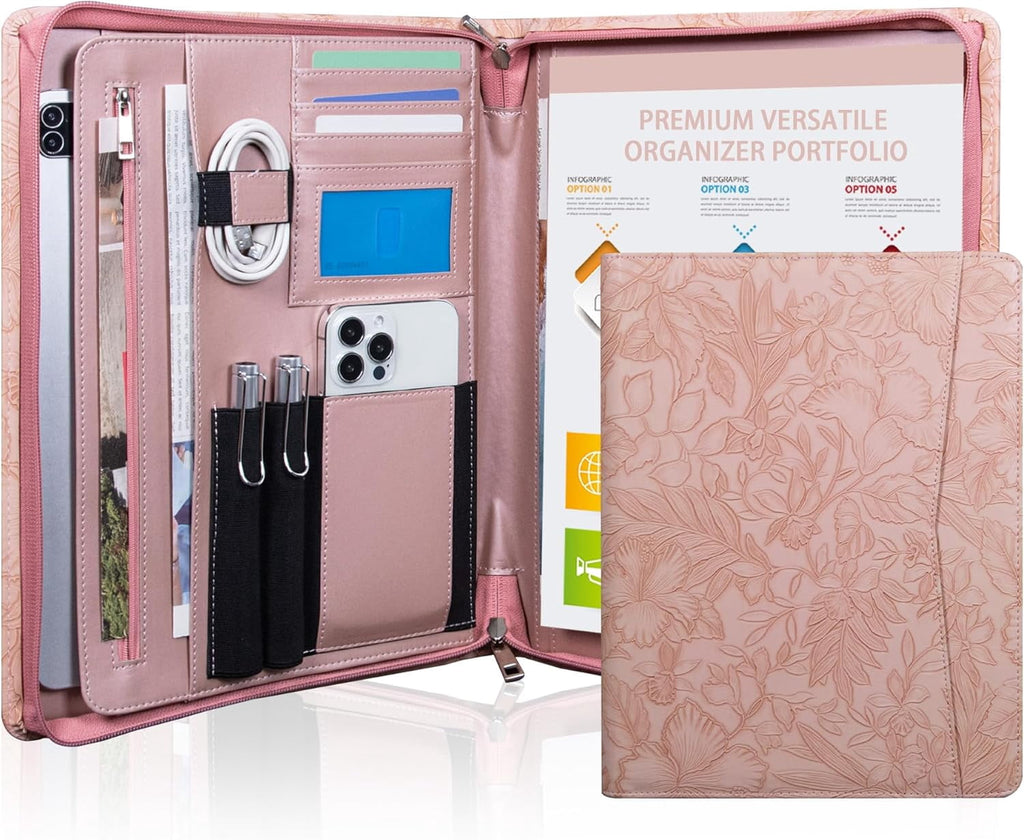 Embossed PU Leather Portfolio for Women,Professional Organize 3-Ring Padfolio with A4 Notepad Holder,Professional Business Document Organize