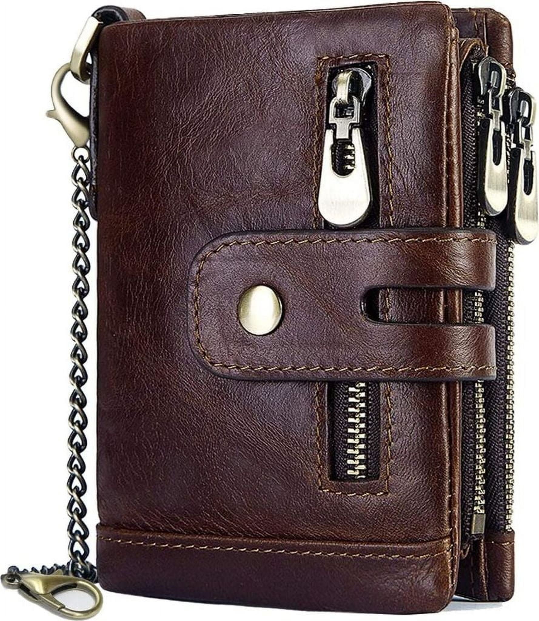 Estrela Men's Wallet RFID Protection Men's Leather Wallet with Chain Double Fold Men's Wallet with Coin Compartment Zip Wallet 16 Card Slots