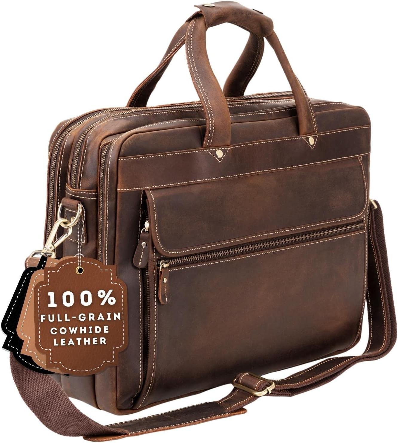 Briefcase for Men, Handcrafted, Fits 15.6" Laptop - Dark Brown