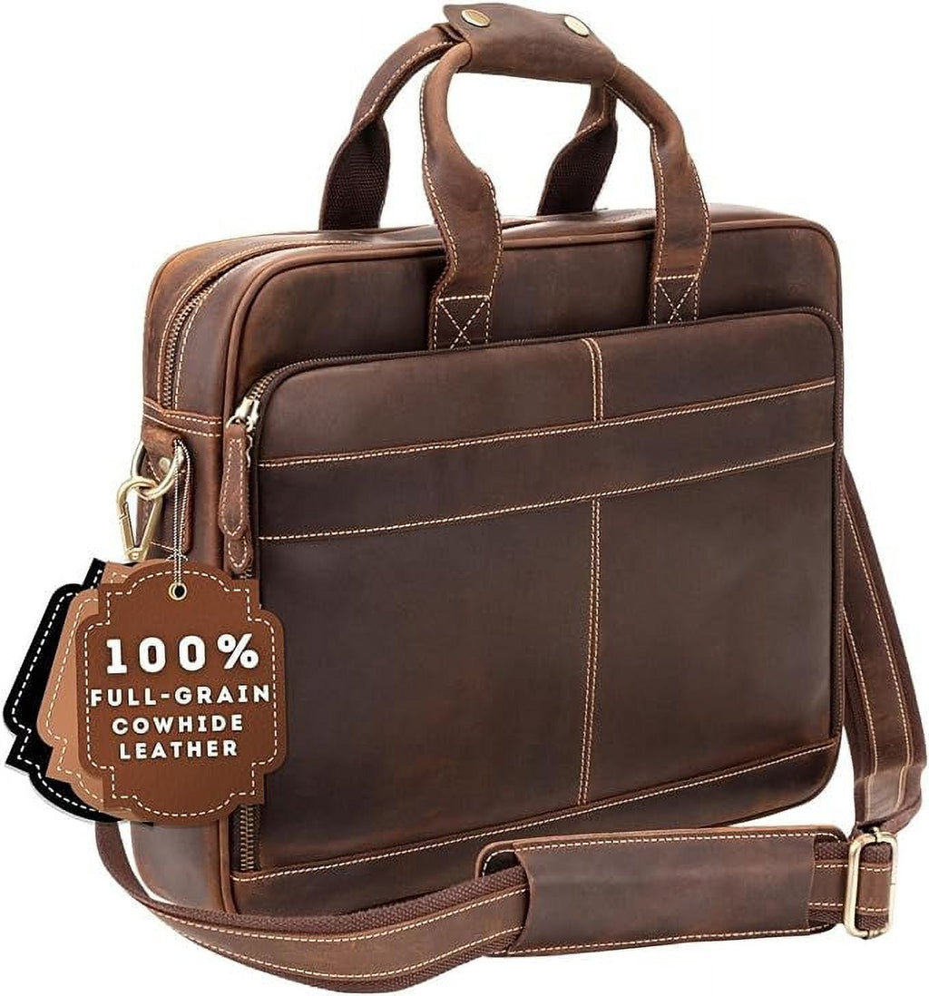 Full-Grain Leather Laptop Briefcase For Men, Leather Bag, Leather Computer Bag For Men - Dark Brown