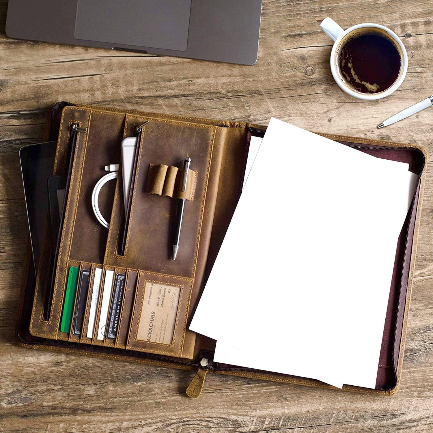 Full Grain Leather Portfolio Organizer with Zipper for Men Women, A4 Padfolio Business Resume Legal Notebook Binder  for  Documents Pens Car