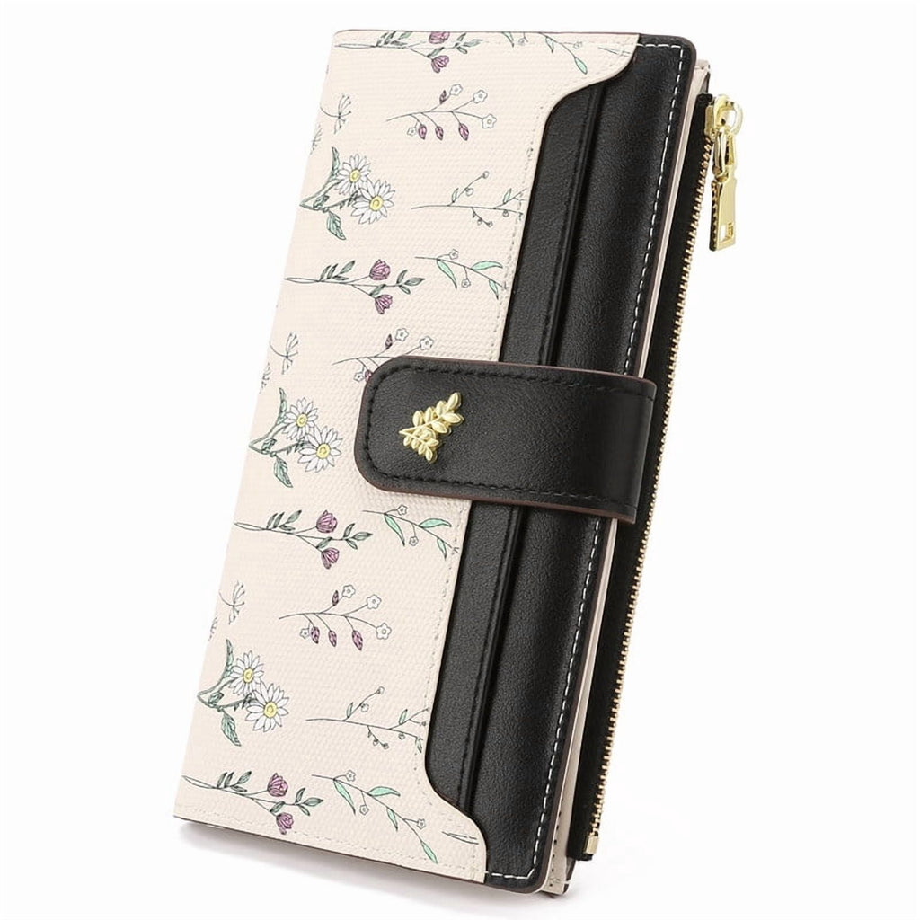 Womens Wallet Slim Thin RFID Blocking Floral Vegan Leather Card Holder Bifold Long Ladies Wallet with Zipper Pocket