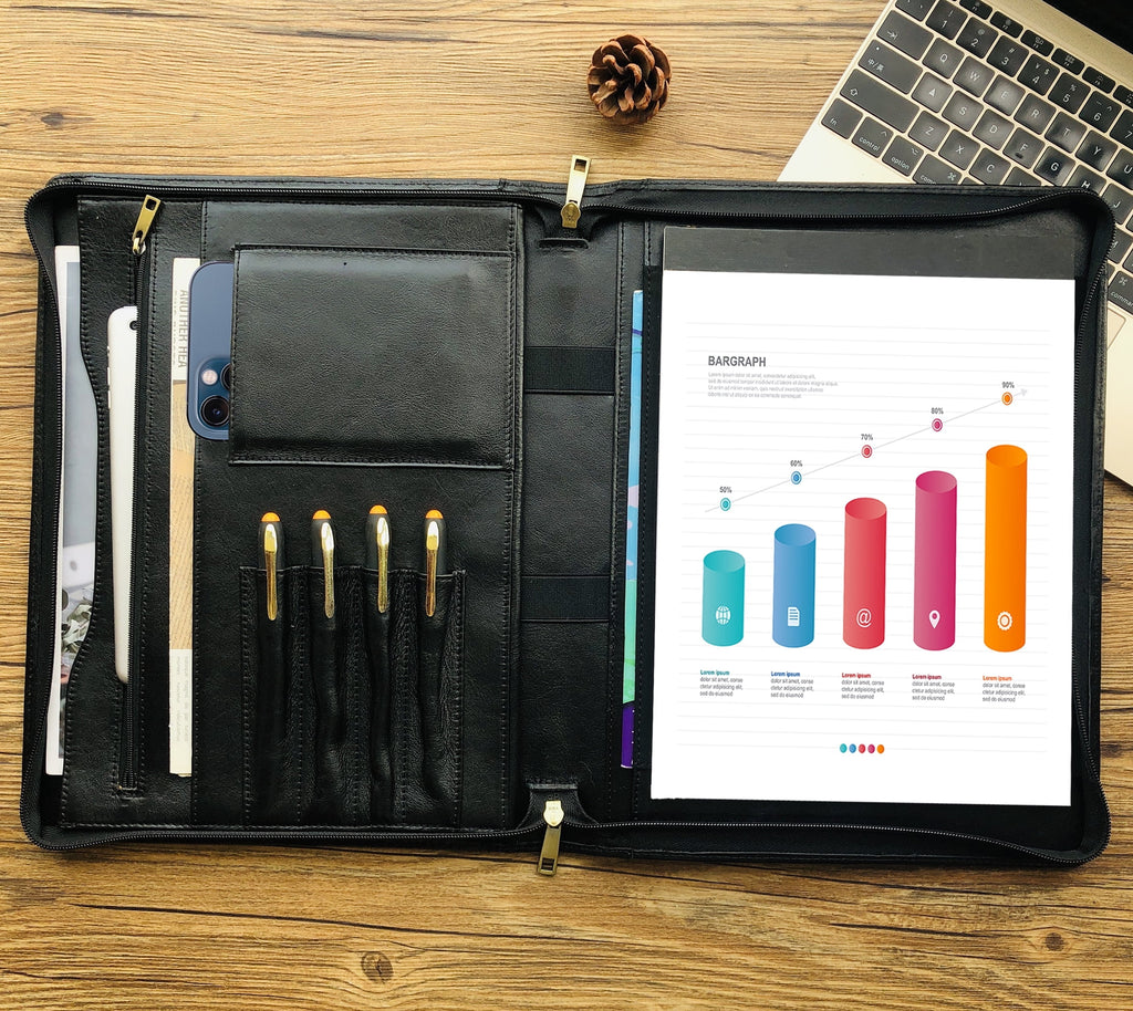 Genuine Leather Portfolio, Zippered Padfolio for Men, Leather Binder for Letter Size Notepad, Portfolio for Women, Business Organizer A4 Doc