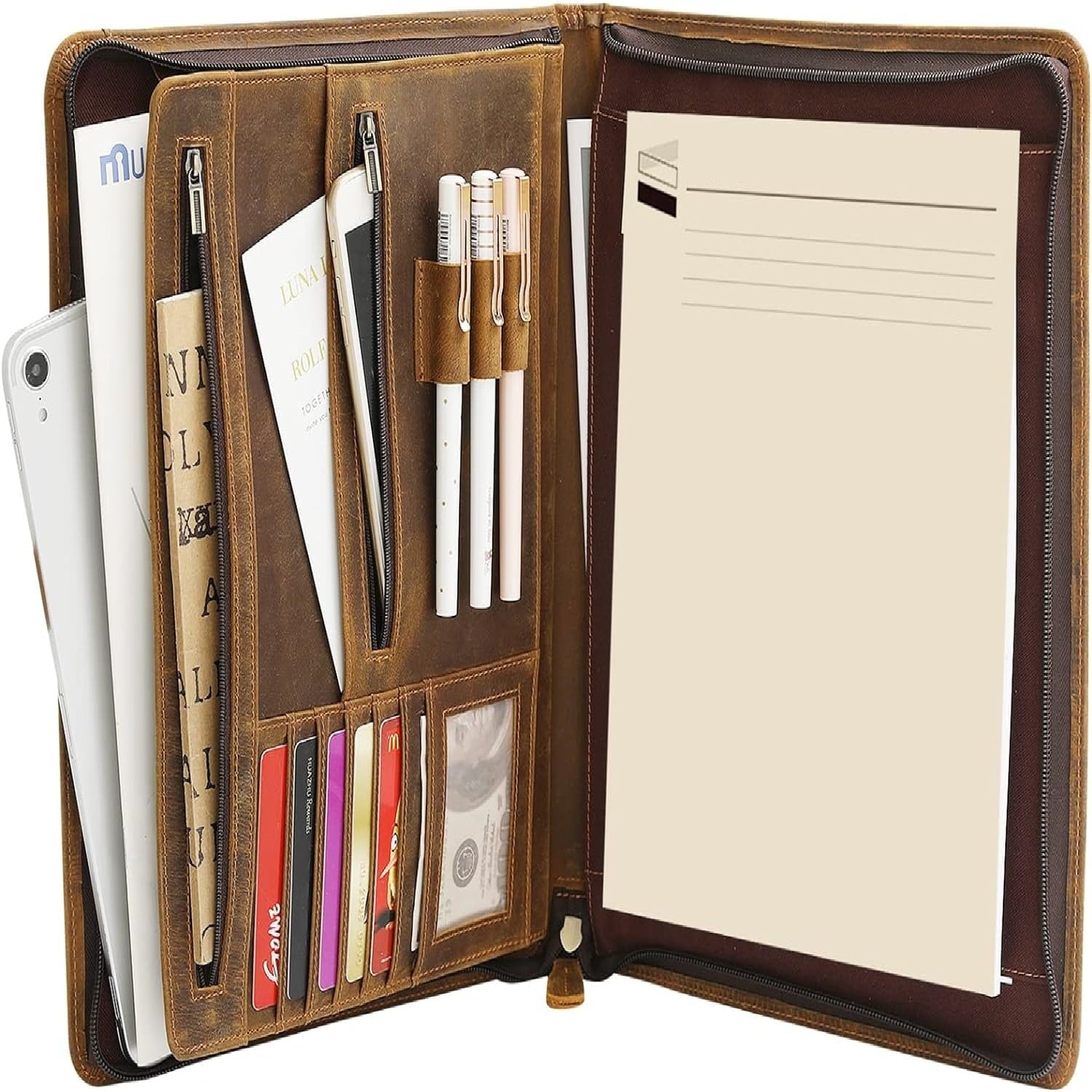with Zipper for Men Women, Padfolio Business Resume A4/Pad, Folder Organizer, Brown