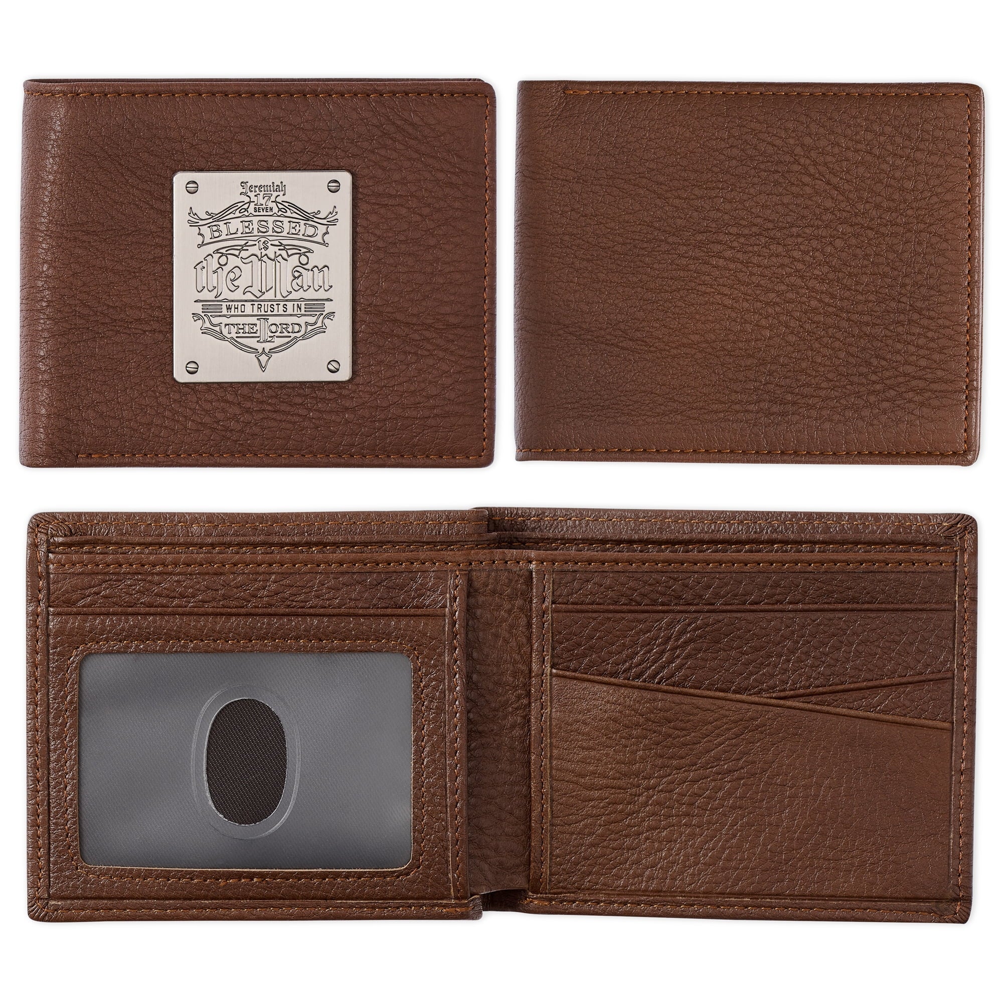 Genuine Leather RFID Wallet for Men Blessed Is The Man Jeremiah 17:7 Metal Emblem Quality Classic Brown Leather Bifol...