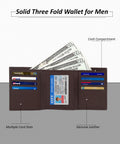 Genuine Leather Slim Trifold Wallet for Men with ID Window and RFID Blocking, Dark Brown