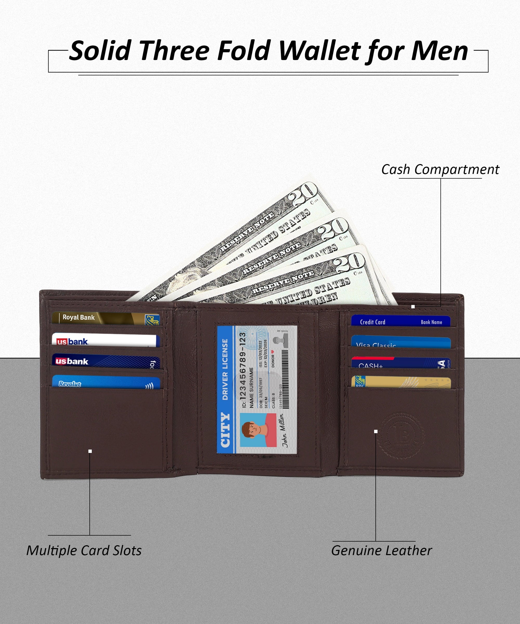 Genuine Leather Slim Trifold Wallet for Men with ID Window and RFID Blocking, Dark Brown