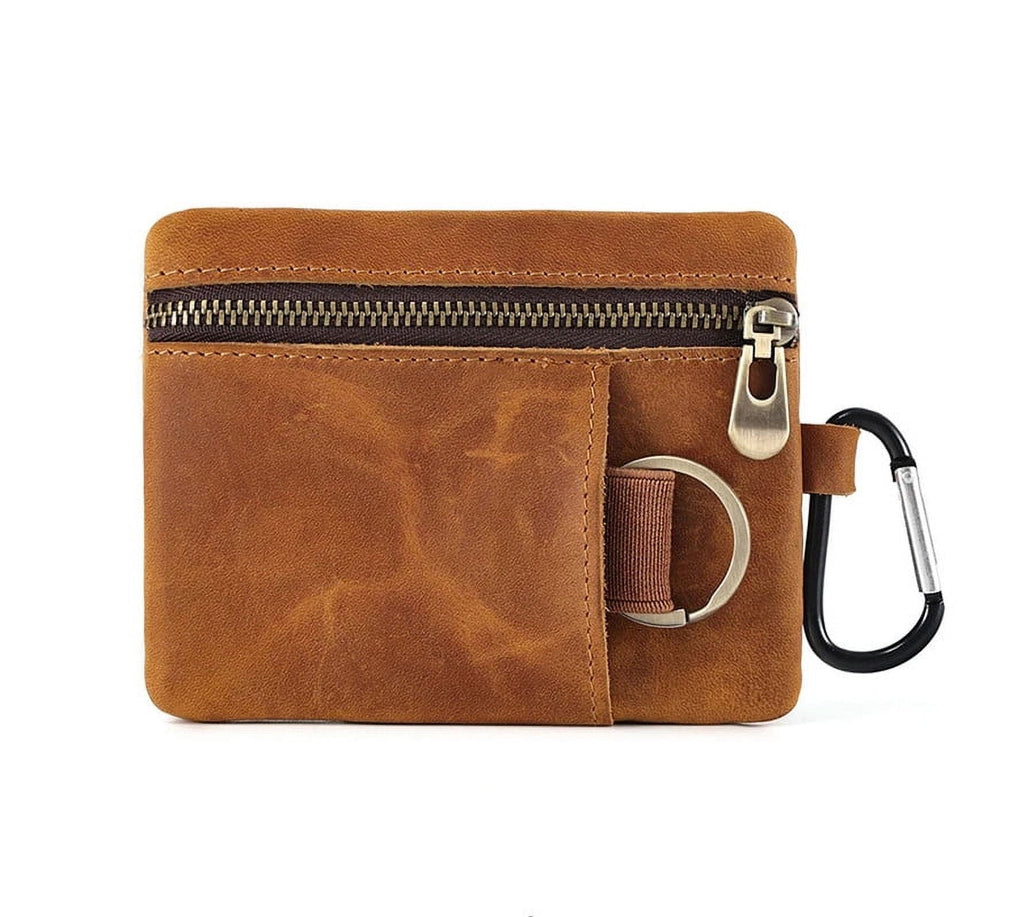 Genuine Leather Unisex Coin Purse Card Holder with Key Ring & Clip. Slim Minimalist Wallet. Top Grain Cow Real Leather.