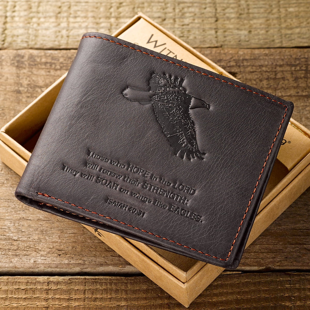 Genuine Leather Wallet for Men Wings Like Eagles Isaiah 40:31 Bible Verse Quality Classic Brown Leather Bifold Wallet...