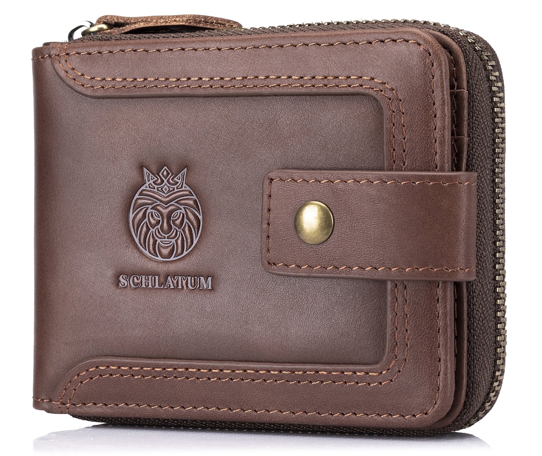 Genuine Leather Zipper Wallet for Men Rfid Blocking Large Capacity Vintage Wallet with Coin Pocket ID Window, Coffee