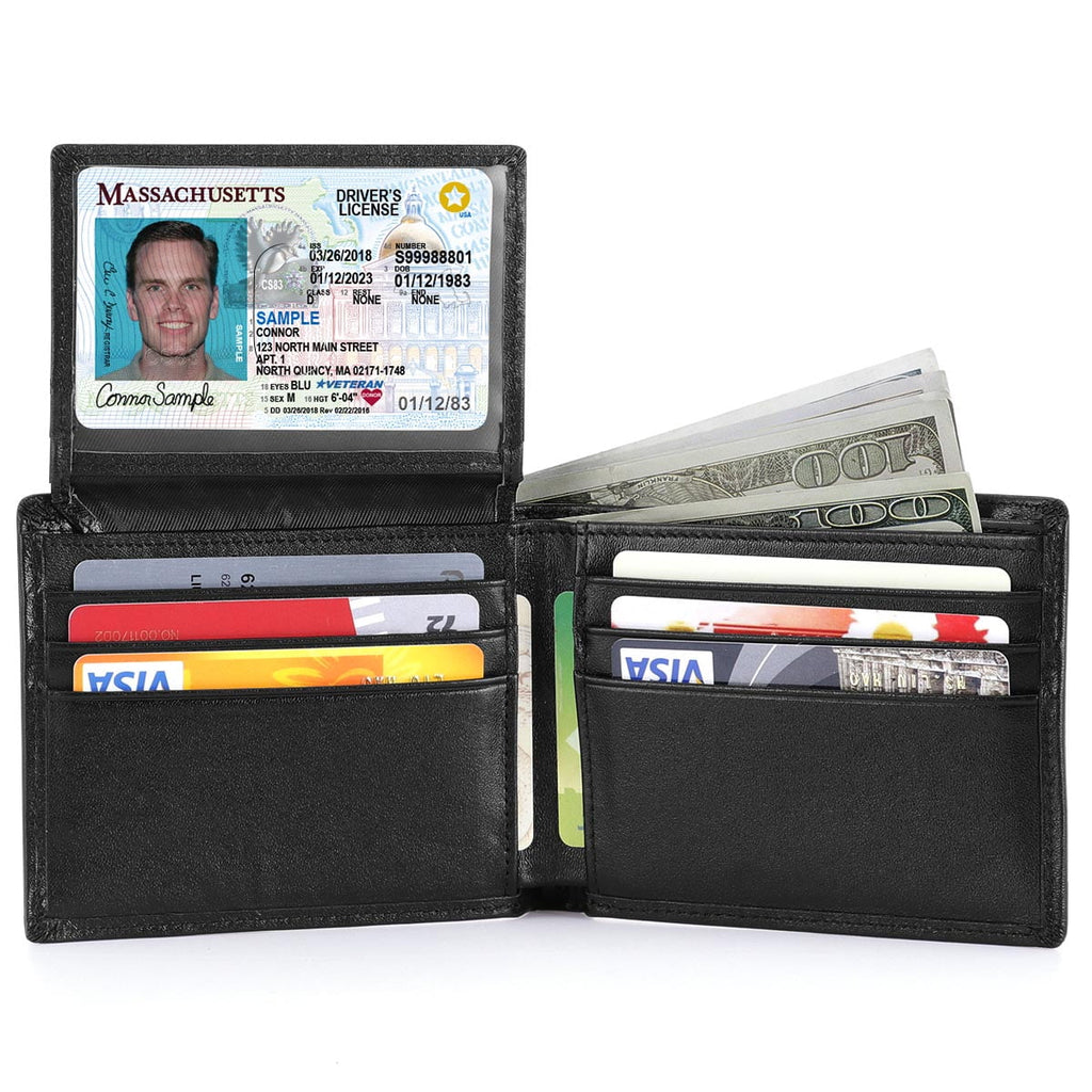 Slim Billfold Wallet for Men RFID Blocking Genuine Leather Scan Proof 10 Card Slots with ID Window Flap, Black