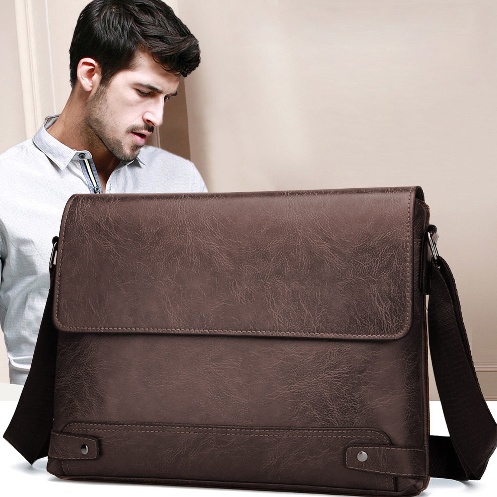 Artificial Leather Laptop 12.99 Inch Vintage Briefcase for Men Waterproof Satchel Shoulder for Work Office Business C...