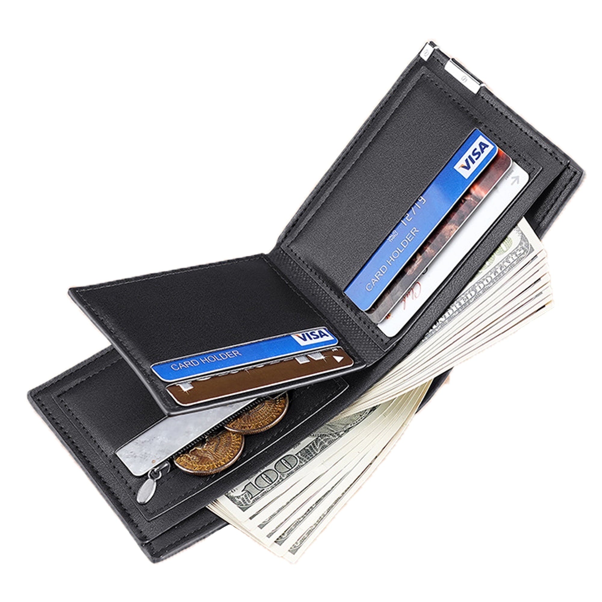 Mens Wallet Genuine Leather Slim Bifold Wallets For Men Simple RFID Front Pocket One Zippered Coin Pocket with 1 ID WindowBlack