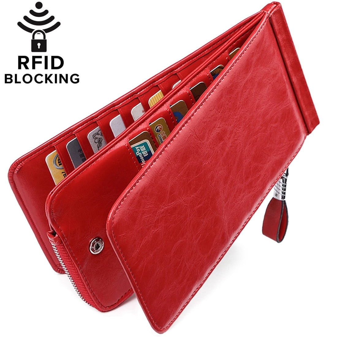 Womens Leather Credit Card Holder Wallet RFID Blocking Wallet Women Card Case Purse Oil Wax Red