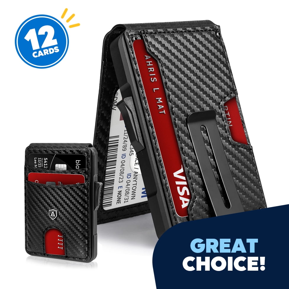 Carbon Fiber Slim Wallet for Men - RFID Blocking Minimalist Bifold with Money Clip & Card Ejector | Holds 12 Cards, Cash | Front Pocket Leat