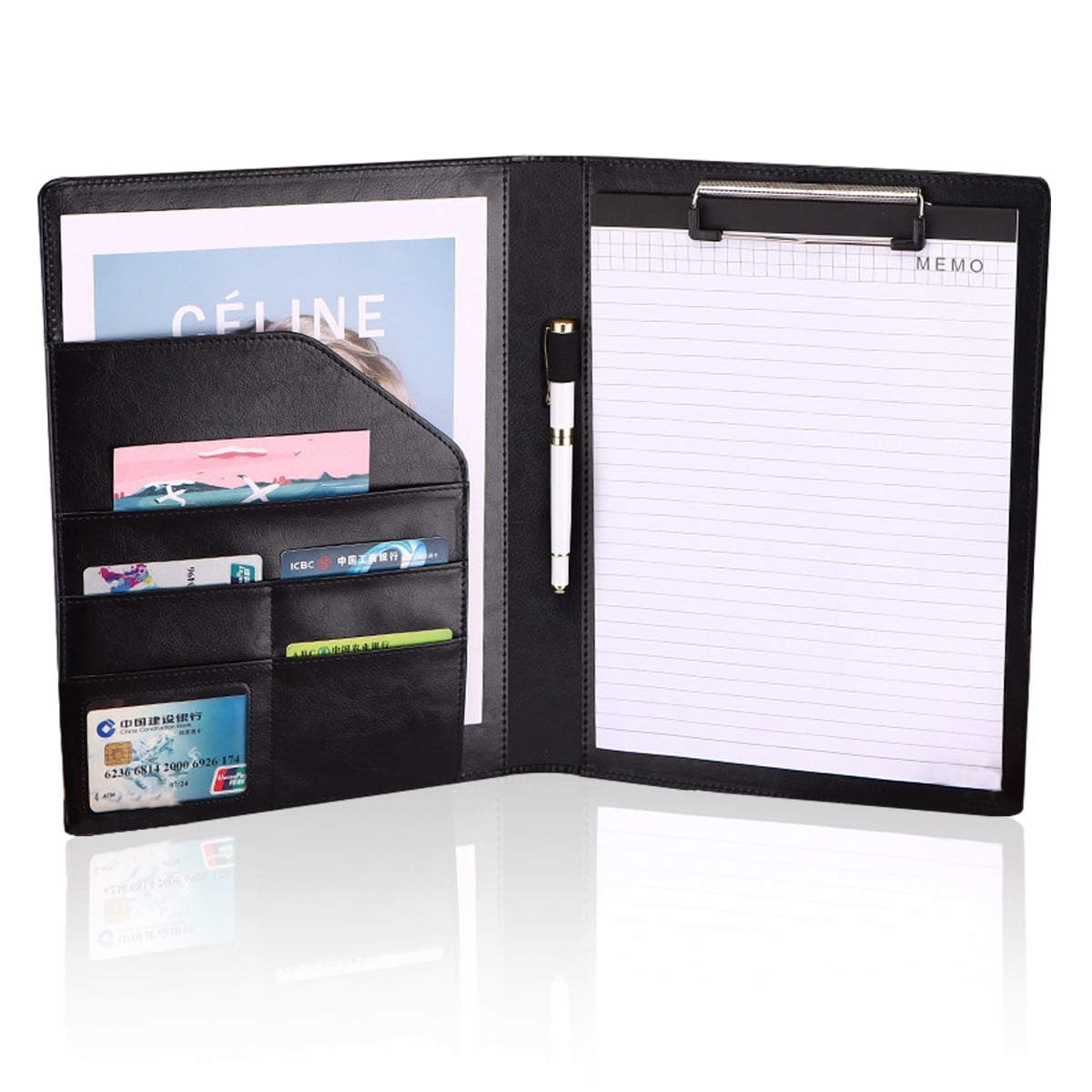 Leather Padfolio Professional File Folder with Pen Holder, Black