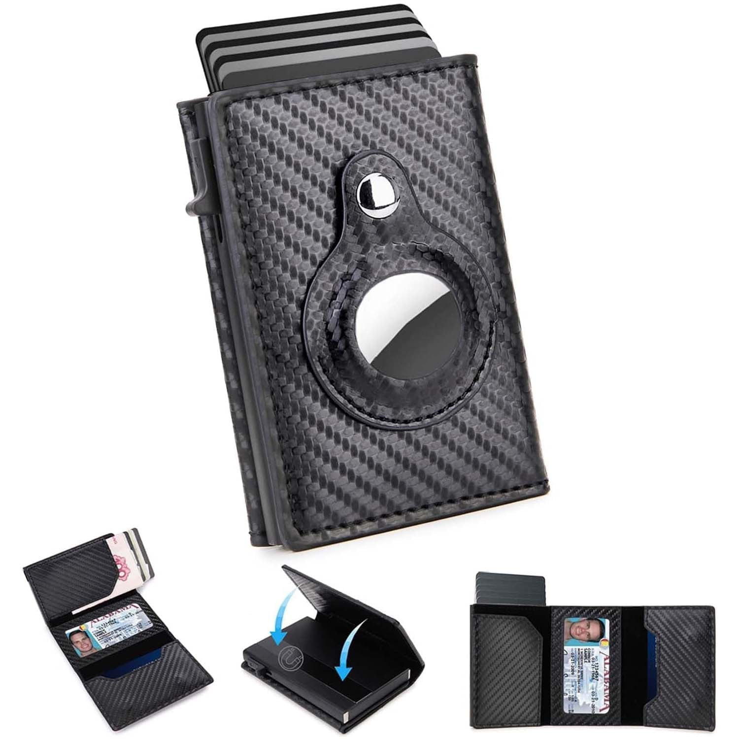 Carbon Fiber Smart Mens Wallet Card Holder for AirTag Minimalist Leather Wallet RFID Blocking Pop up Aluminum Case
