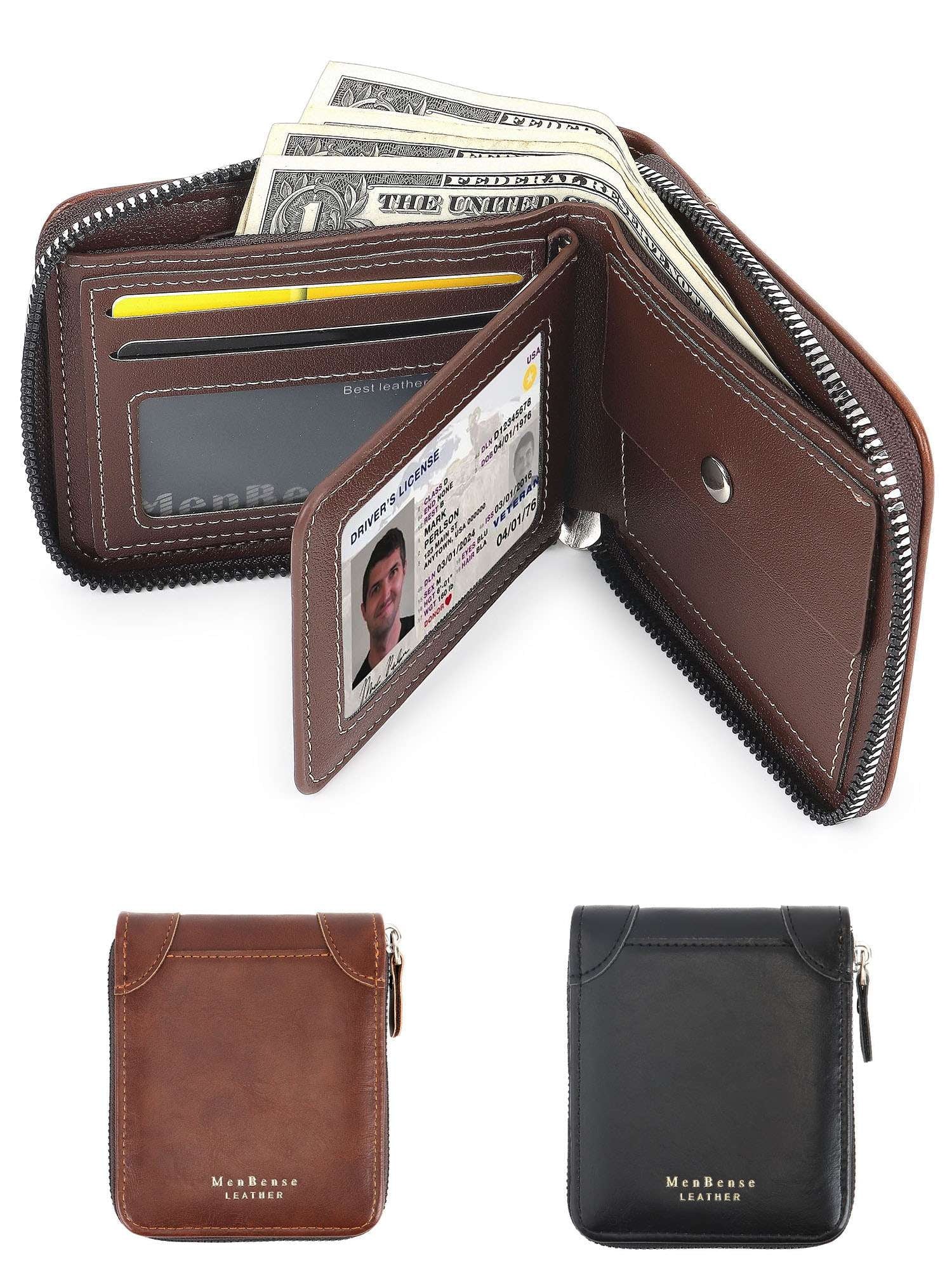 Genuine Leather Wallet for Men Bifold Credit Card Holder Zipper Purse Black