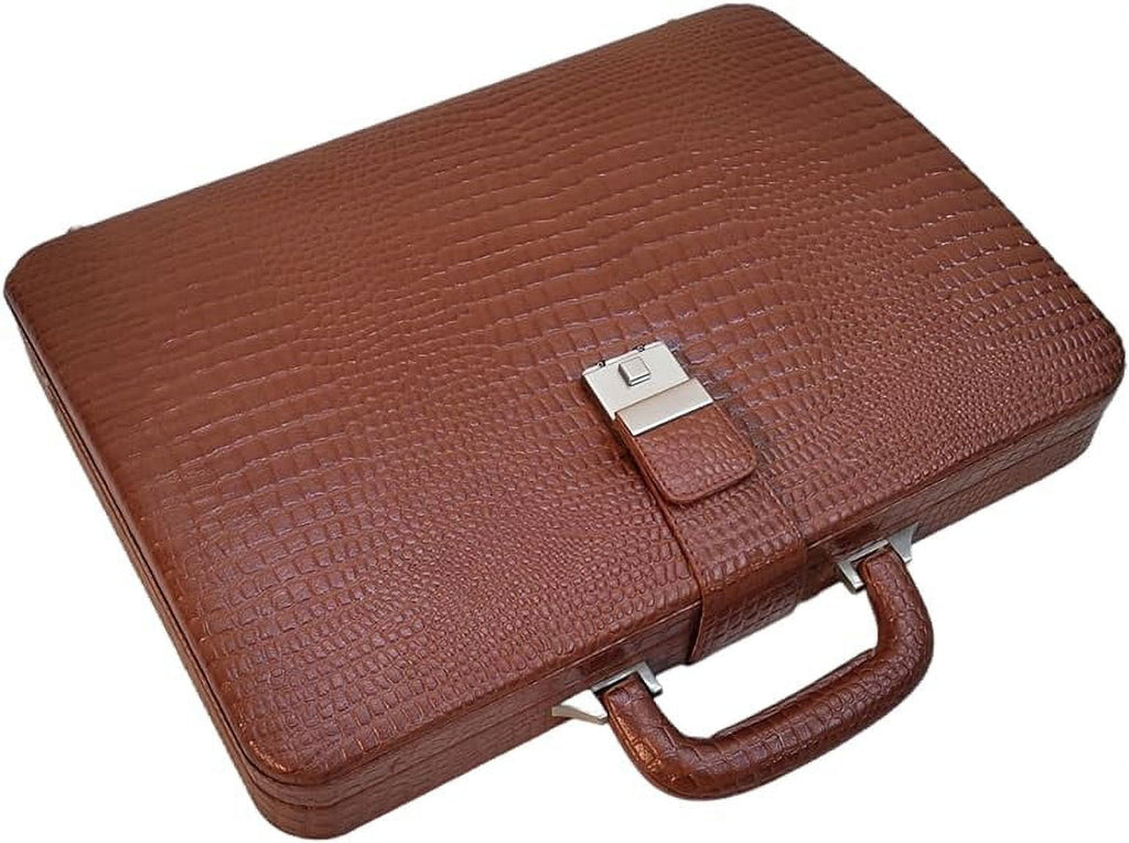 Premium Look Genuine Leather Attache Briefcase for Mens Office Handbag 14 Inch Laptop Case (Tan)
