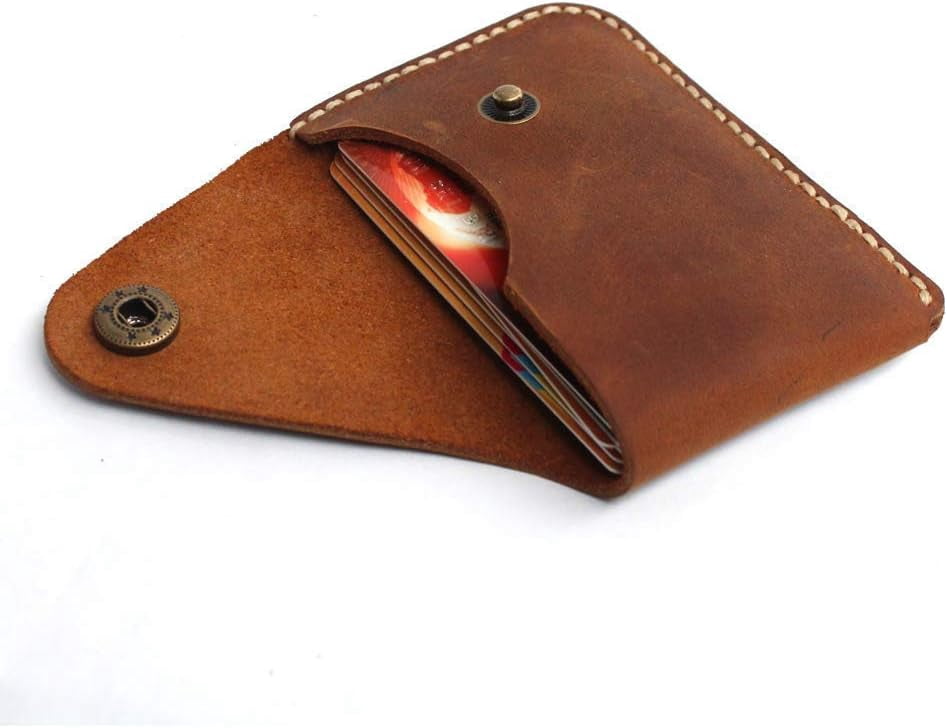 Handmade Genuine Leather Card Holder with Snap Closure - Ultra Slim Minimalist Wallet, Hand-Stitched Compact Front Po...