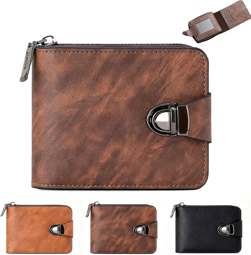 Men's Vintage Compact Zipper Wallet, Slim Leather Slots Credit Card Holder Rfid Blocking Bifold Minimalist Wallet (Black)