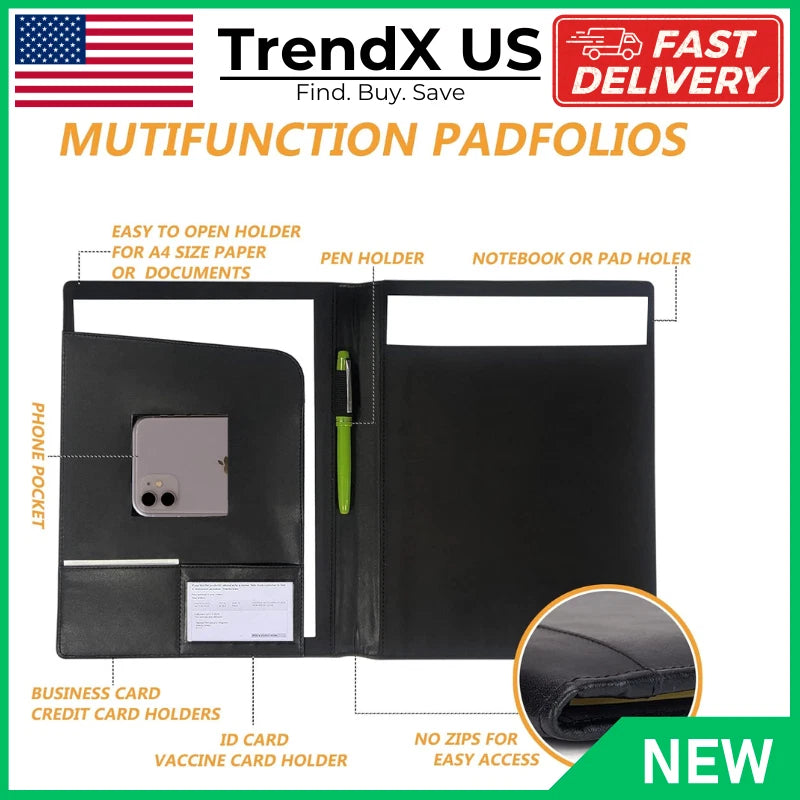 Leather Padfolio Business Portfolio Notebook Binder Office Organizer & Writing