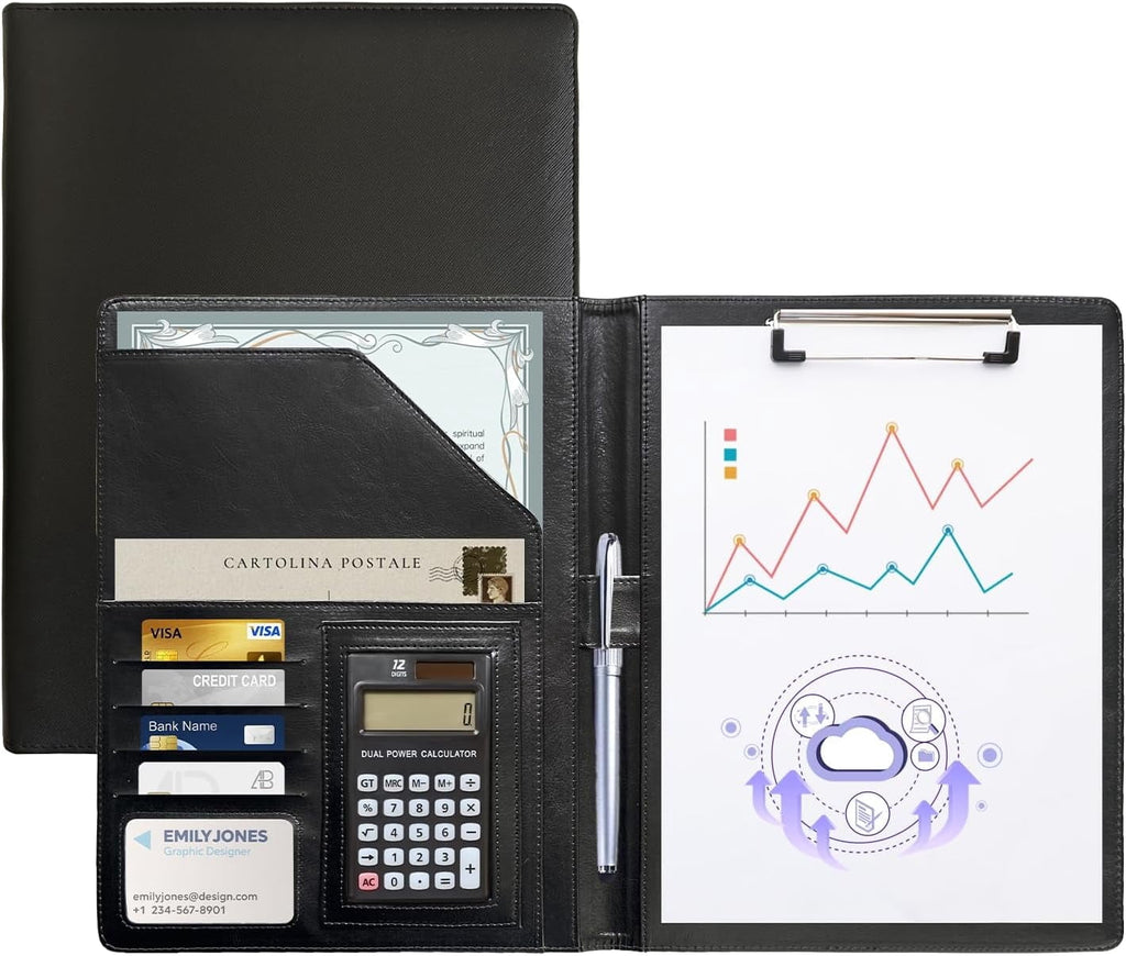 Leather Portfolio with Writing Pad, Professional Business Portfolio Folder Interview Resume Notefolio with Calculator File Folders Card Pock