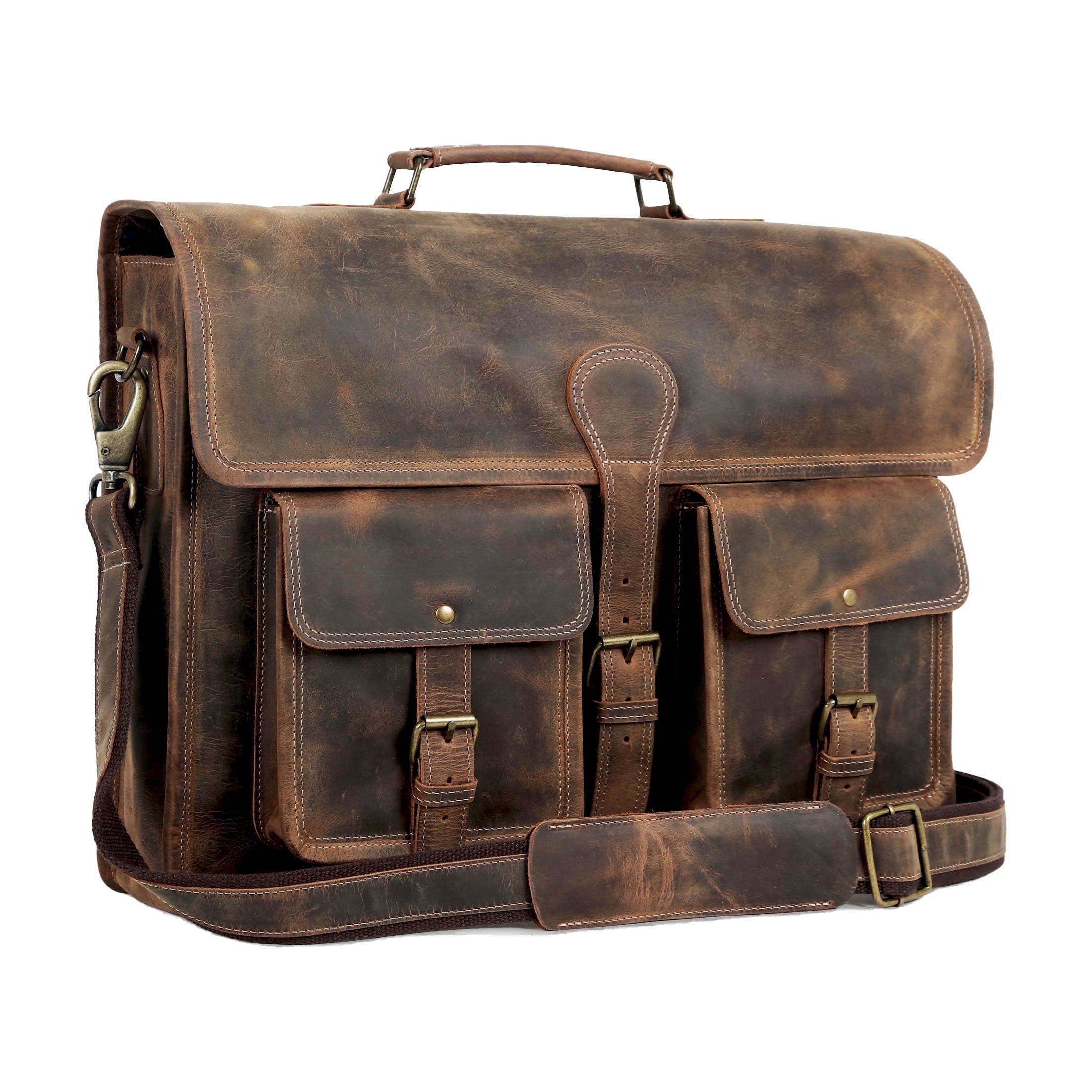 18-Inch Leather Laptop Messenger Bag for Men & Women  Vintage Office Briefcase Satchel with Shoulder Strap for Work & Travel